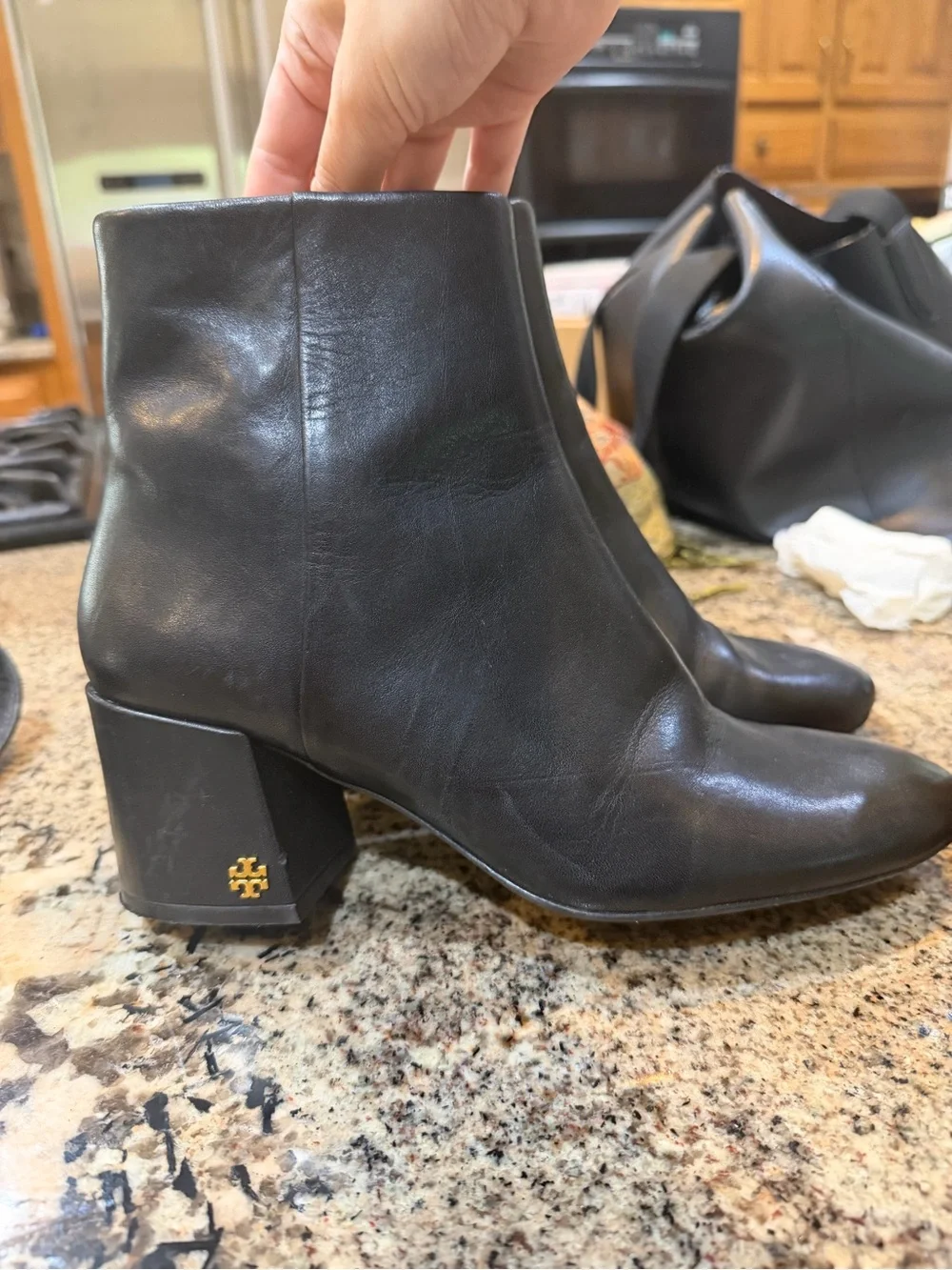 Tory Burch Black Leather Block Heel Ankle Boots with Gold Logo